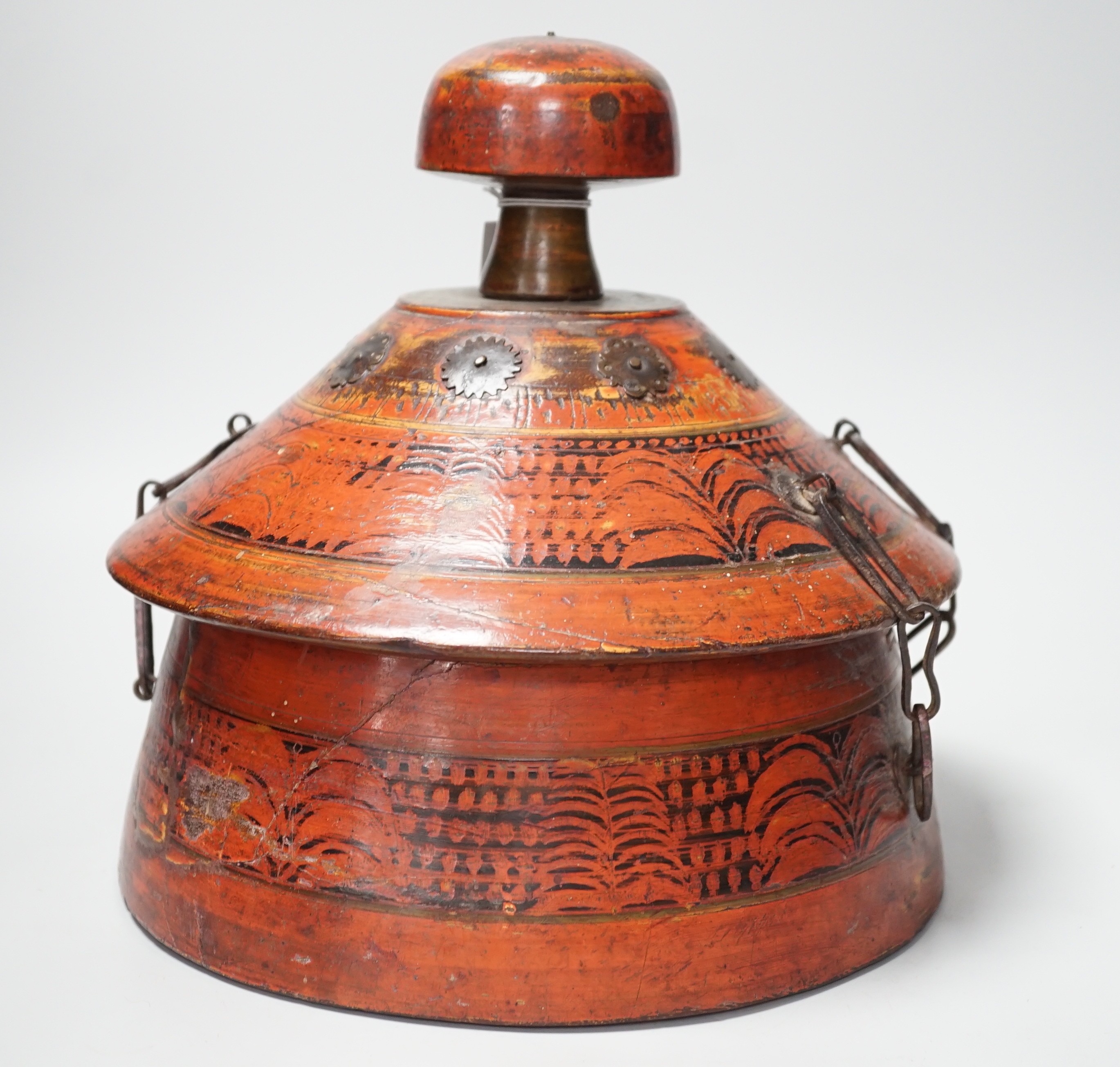 A Chinese wooden painted spice container and cover. 28cm tall